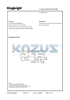 L7113PBC/G datasheet - T-1 3/4 (5 mm) solid state lamp. Blue. Lens type water clear.