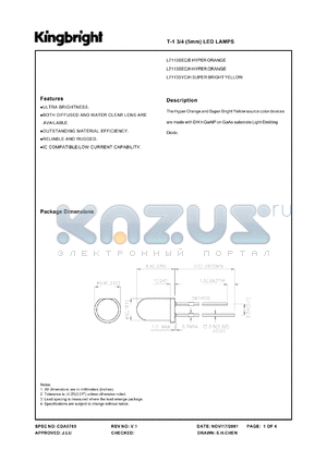 L7113SEC/H datasheet - T-1 3/4 (5 mm) LED lamp. Hyper orange. Lens type water clear.