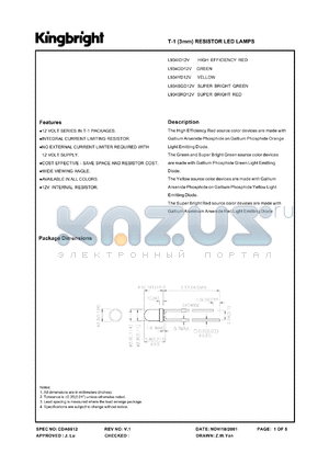 L934ID12V datasheet - T-1 (3 mm) resistor LED lamp. High efficiency red. Lens type red diffused.