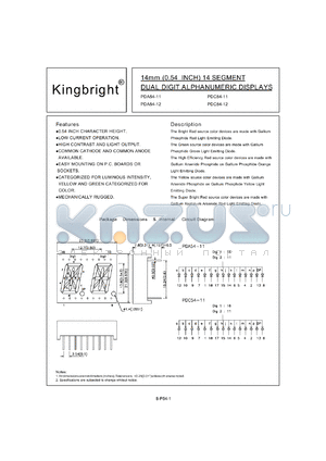 PDC54-11HWA datasheet - 14 mm (0.54 inch) 14 segment dual digit alphanumeric display. Bright red.