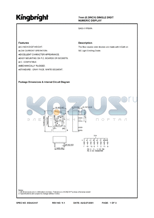 SA03-12PBWA datasheet - 7 mm (0.3 inch) single digit numeric display. Blue.