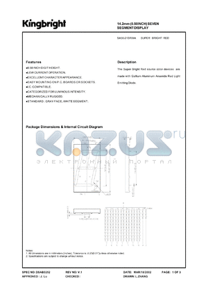 SA50-21SRWA datasheet - 14.2 mm (0.50 inch) seven segment display. Super bright red.