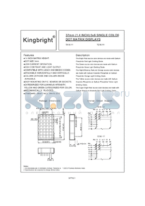 TA16-11HWA datasheet - 37 mm (1.4 inch) 5 x 8 single color dot matrix display. Bright red.