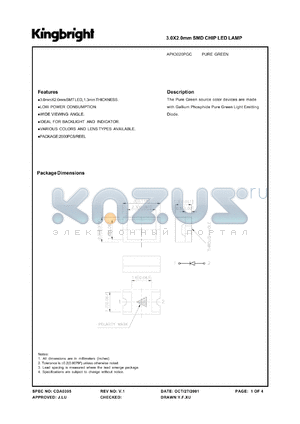 APK3020PGC datasheet - 3.0 x 2.0 mm SMD chip LED lamp. Pure green. Lens type water clear.