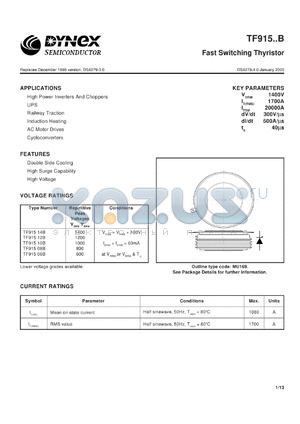 TF91514C datasheet - 1400V fast switching thyristor