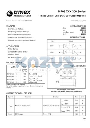 MP03/300-16 datasheet - 1600V phase control dual SCR, SCR/diode modules