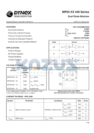 MP03/440-16 datasheet - 1600V dual diode module