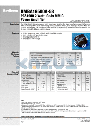 RMBA19500A-58 datasheet - 2 Watt  GaAs MMIC power amplifier