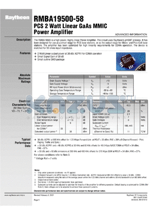 RMBA19500-58 datasheet - PCS 2 Watt linear GaAs MMIC power amplifier
