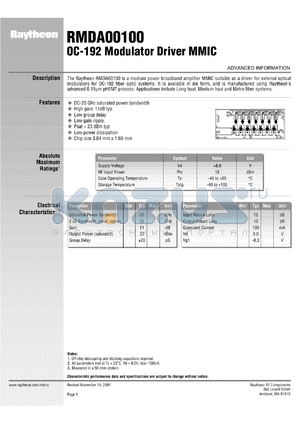 RMDA00100 datasheet - OC-192 modulator driver MMIC