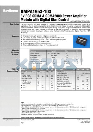 RMPA1953-103 datasheet - 3V PCS CDMA and CDMA 2000 power amplifier module