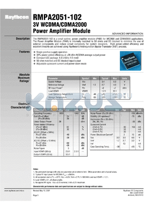 RMPA2051-102 datasheet - 3V PCS WCDMA/CDMA 2000 power amplifier module