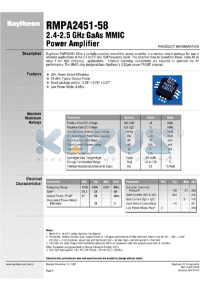 RMPA2451-58 datasheet - 2.4-2.5 GHz  GaAs power amplifier MMIC