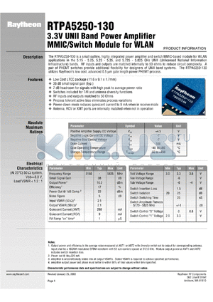 RTPA5250-130 datasheet - 3.3V UNII band power amplifier MMIC