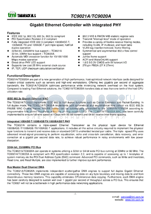 TC9021A datasheet - Gigabit ethernet controller with integrated PHY