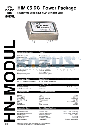 HIM054805D datasheet - 5 W DC/DC HIM module with 36-72 V input, +/-5 V/+/-500 mA output