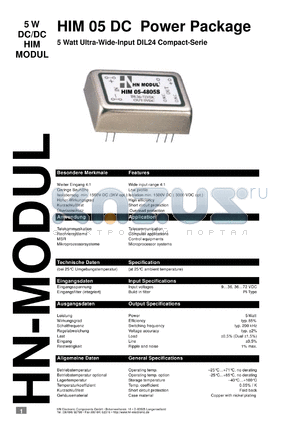 HIM052405S datasheet - 5 W DC/DC HIM module with 9-36 V input, 5 V/1000 mA output