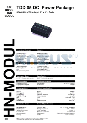 TDD054805D datasheet - 5 W DC/DC TDD modul with 18-72 V input, +/-5 V/+/-500 A output