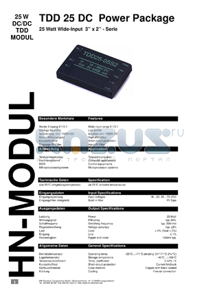 TDD254815D datasheet - 25 W DC/DC TDD modul with 35-75 V input, +/-15 V/+/-850 A output