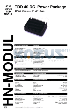 TDD402412D datasheet - 40 W DC/DC TDD modul with 18-60 V input, +/-12 V/+/-1700 A output