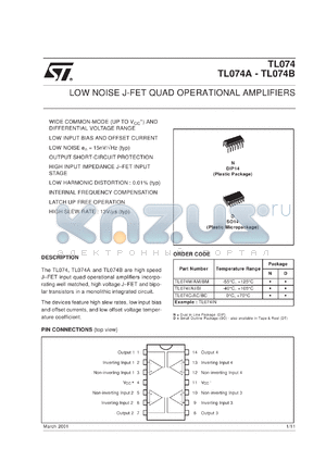 TL074BM datasheet - Low noise J-fet quad operational amplifier