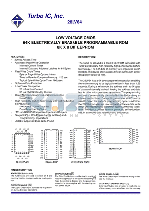 28LV64JC-6 datasheet - Speed: 400 ns, Low voltage CMOS 64 K electrically erasable programmable ROM 8K x 8 BIT EEPROM