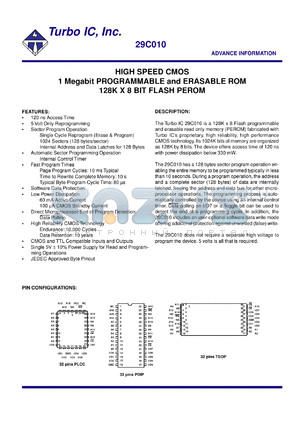 29C010TM-3 datasheet - High speed 200 ns CMOS 1 Megabit programmable and erasable ROM 128K x 8 BIT flash PEROM