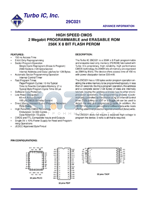 29C021TC-3 datasheet - High speed 250 ns CMOS 2 Megabit programmable and erasable ROM 256K x 8 BIT flash PEROM