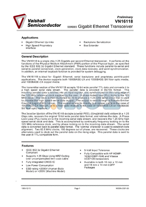 VN16117L1 datasheet - 1.25 Gigabit ethernet transceiver