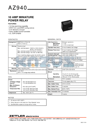 AZ940-1C-24DS datasheet - Nominal coil VCD: 24; 10Amp low miniature power relay