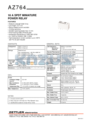 AZ764-1CH-3DE datasheet - Nominal coil VCD: 3; 16A SPDT miniature power relay