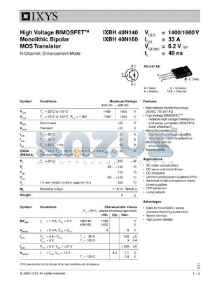 IXBT40N160 datasheet - 1600V high voltage BIMOSFET monolithic bipolar MOS transistor