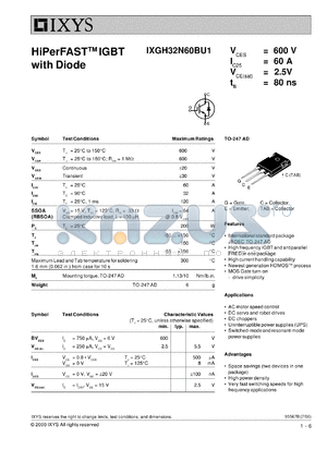 IXGN32N60BU1 datasheet - 600V HiPerFAST IGBT with diode