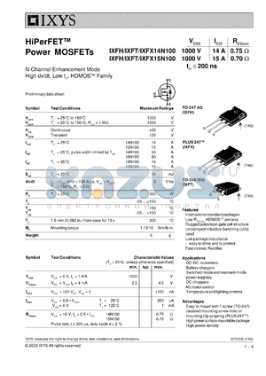 IXFH15N100 datasheet - 1000V HiPerFET power MOSFET