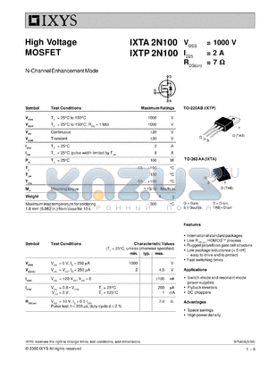 IXTP2N100 datasheet - 1000V high voltage MOSFET