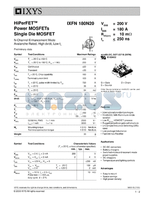 IXFH180N20 datasheet - 200V HiPerFET power MOSFET single die MOSFET