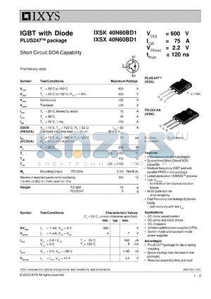 IXSX40N60BD1 datasheet - 600V IGBT with diode