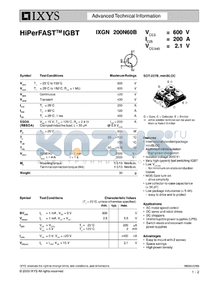 IXGN200N60N datasheet - 600V HiPerFAST IGBT