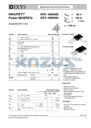 IXFX180N85 datasheet - 85V HiPerFET power MOSFET