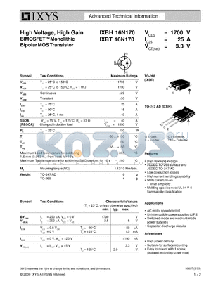 IXBH16N170 datasheet - 1700V high voltage, high gain BIMOSFET monolithic bipolar MOS transistor