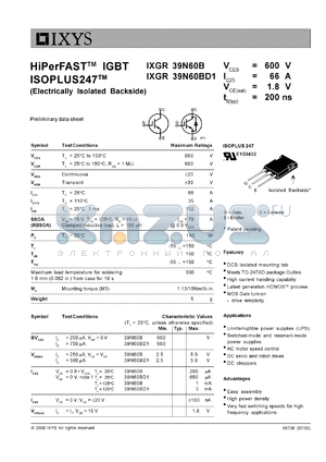 IXGR39N60B datasheet - 600V HiPerFAST IGBT