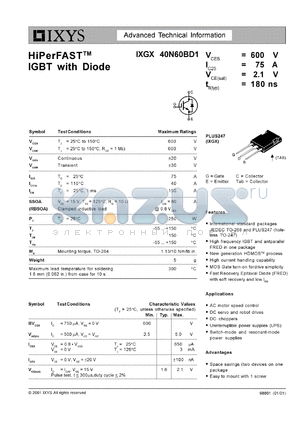 IXGX40N60BD1 datasheet - 600V HiPerFAST IGBT with diode