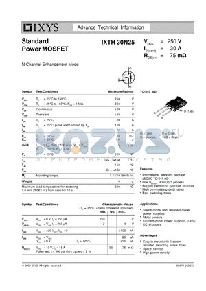 IXTH30N25 datasheet - 250V standard power MOSFET