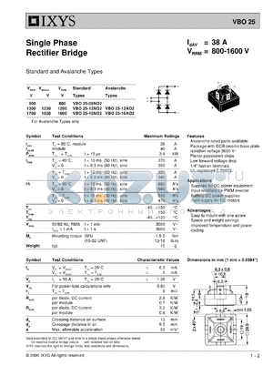 VBO25-08AO2 datasheet - 800V single phase rectifier bridge