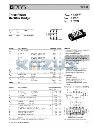 VUE50-18NO1 datasheet - 1200V three phase rectifier bridge