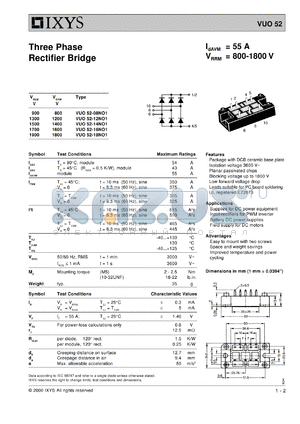 VUO52-16NO1 datasheet - 1600V three phase rectifier bridge