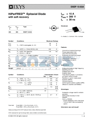 DSEP15-03A datasheet - 300V HiPerFRED epitaxial diode with soft recovery