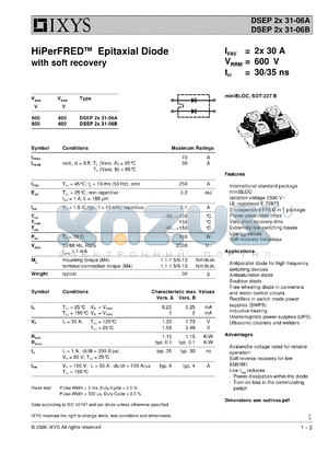 DSEP2X31-06A datasheet - 600V HiPerFRED epitaxial diode with soft recovery