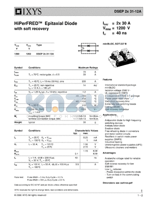 DSEP2X31-12A datasheet - 1200V HiPerFRED epitaxial diode with soft recovery