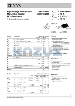 IXBH15N140 datasheet - 1400V high voltage BIMOSFET monolithic bipolar MOS transistor